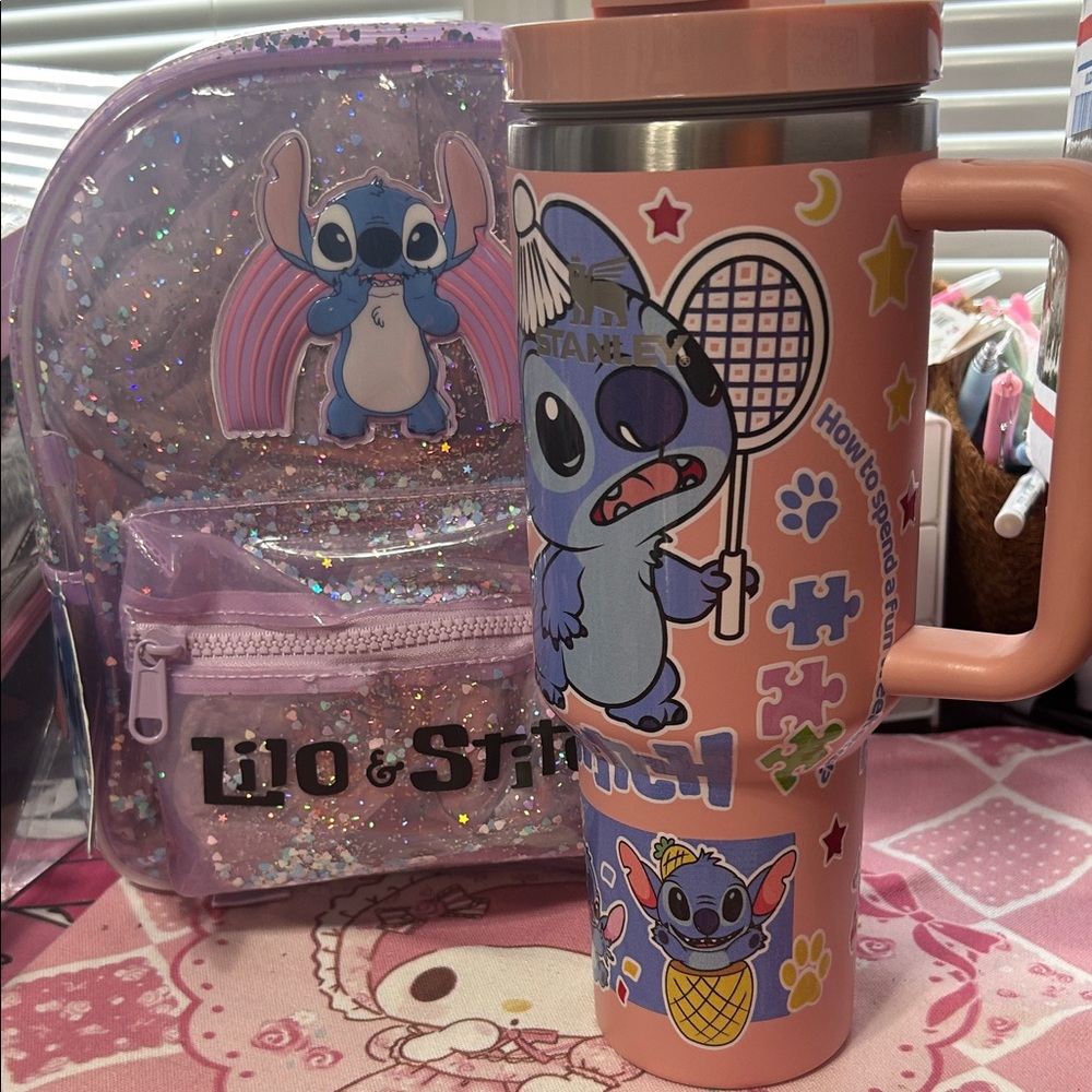 Lilo & Stitch Pink Stanley Cup with a cute purple backpack purse